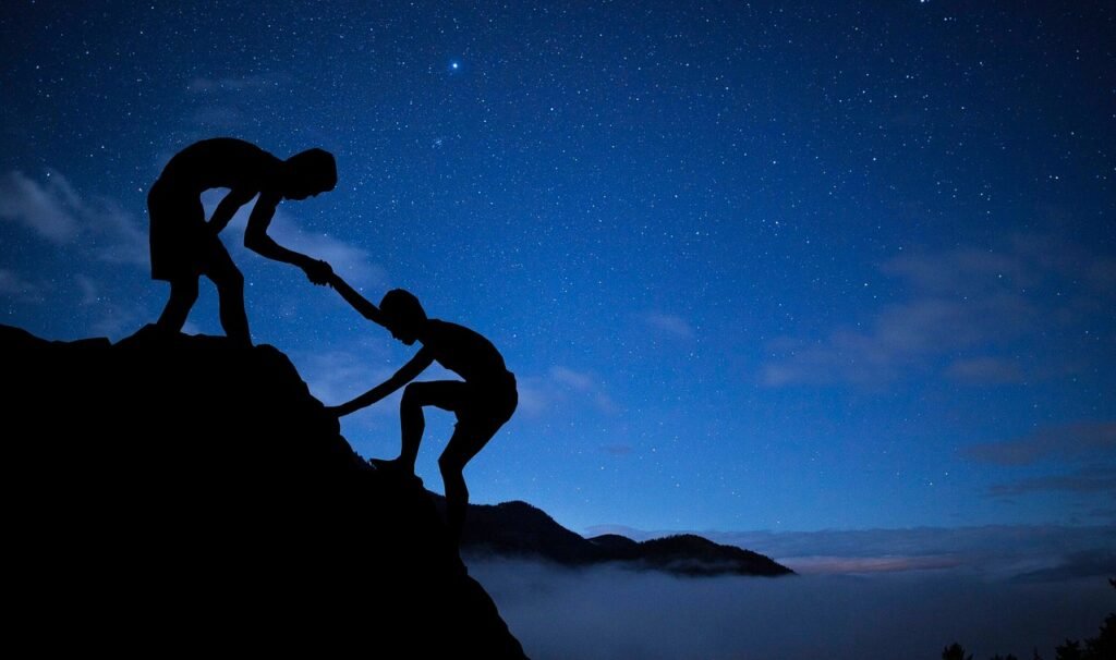 men, mentor, help, climbing, mountain, stars, hand, adventure, sky, mountain top, night sky, teamwork, people, achievement, silhouette, together, success, friendship, mentoring, partnership, people silhouettes, blue sky, blue mountain, blue help, blue stars, mentor, mentor, help, help, help, help, nature, help, success, success, mentoring